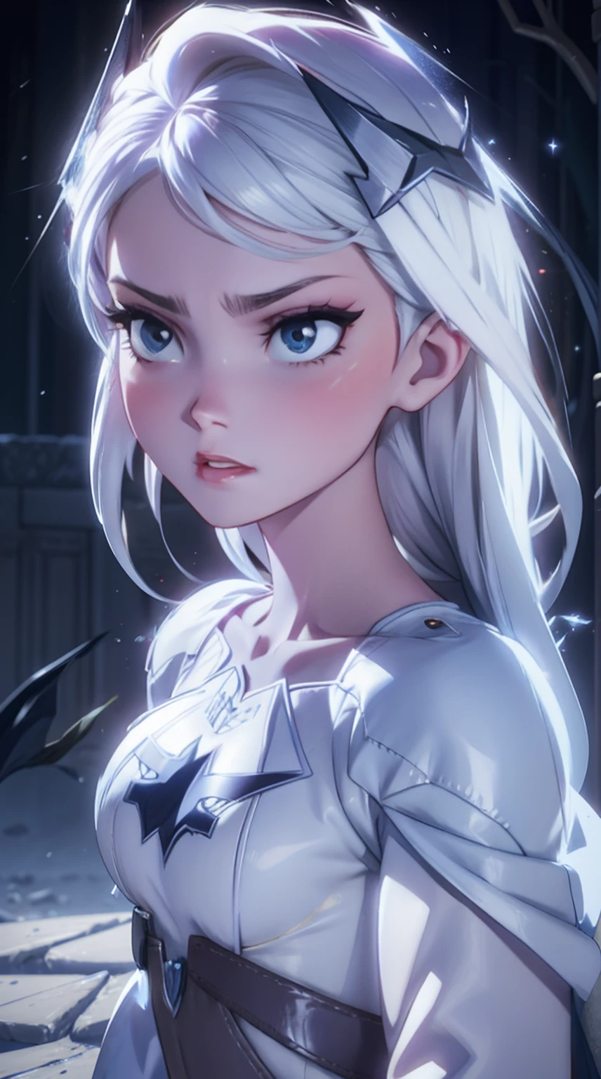 Elsa-Batman Fusion, Elsa's White Hair, ice particles with bats, melting, 1girl, Beautiful, (master part:1.2), ( Better quality:1.2), ((fighting pose)), ((battlefield)), cinemactic, perfect eyes, perfect skin, perfect lighting, to smile, light, Cor,  textured skin , detail, Beleza, wonder,  ultra-detailed , perfect face