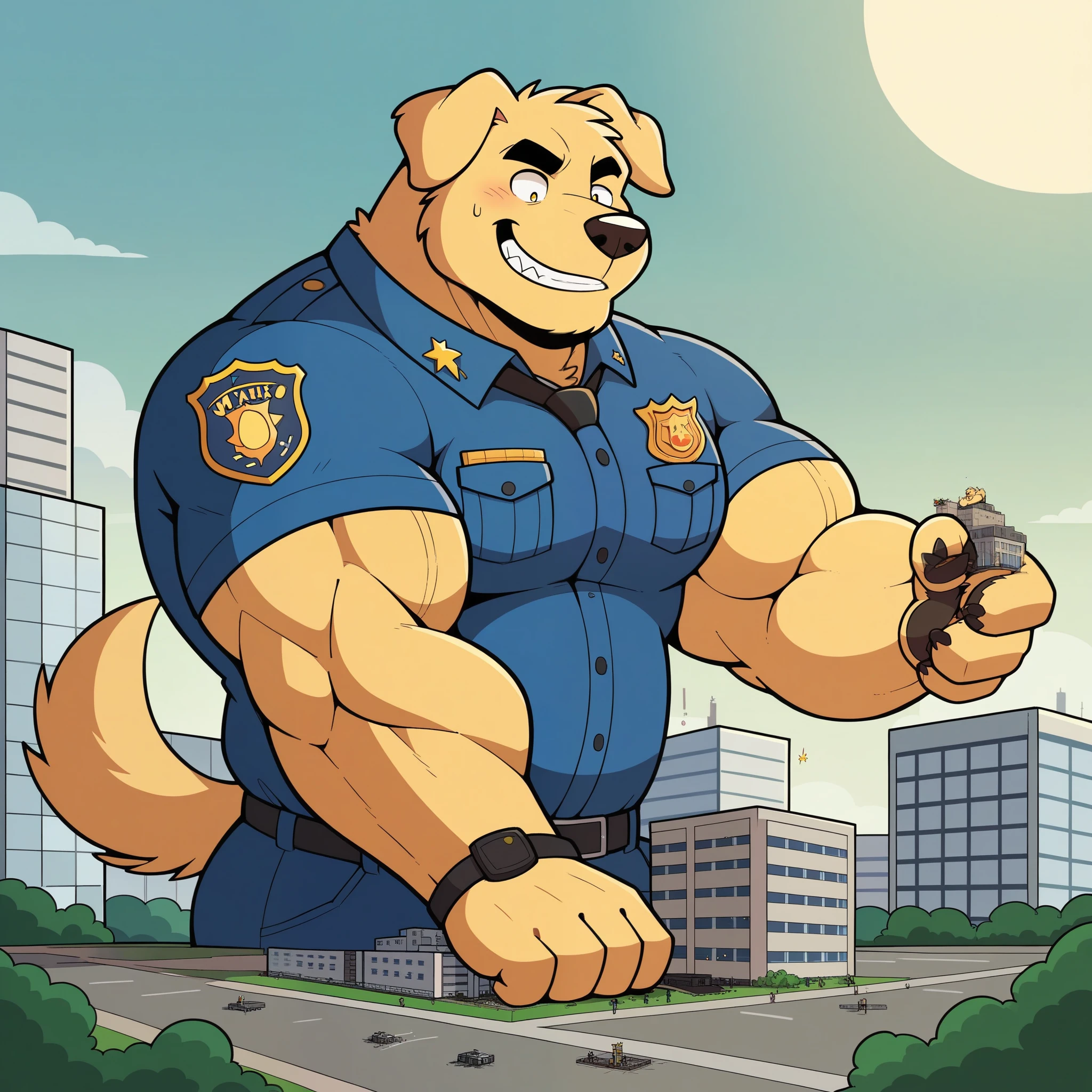 doodled golden retriever face,Humanity (Golden Retriever),pummelig,( black eyebrows :1.1),(perfect eyes),golden fur,(artist:Takemoto Arashi),(collar:1.3),paw,(black beard:1.3),(police uniform:1.3) Golden Retriever,(Massiv:3.0,big muscle:1.1( heavyweight ,stark,Macro, Emphasize )),background(( Building , Raise little speech ,the little sparks, the crack in the road ))