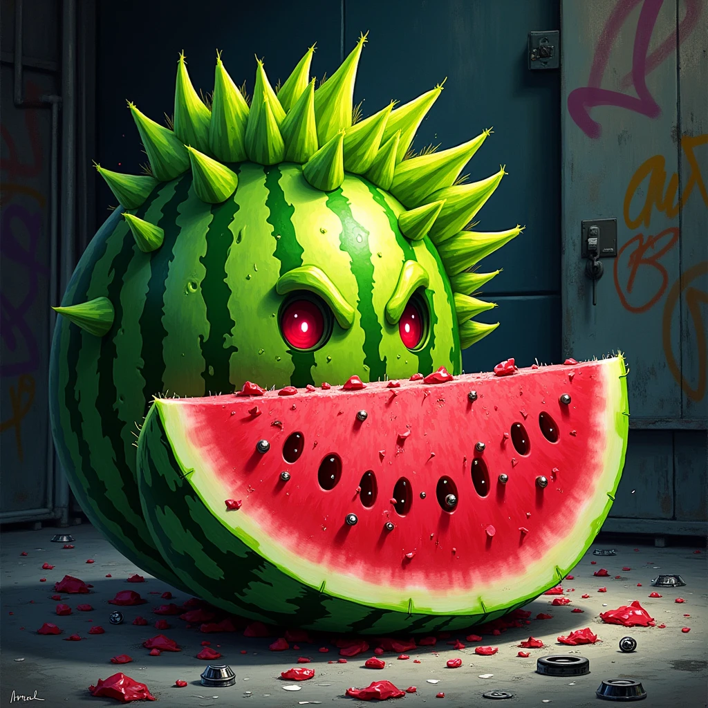 Sad animated watermelon dying in pain