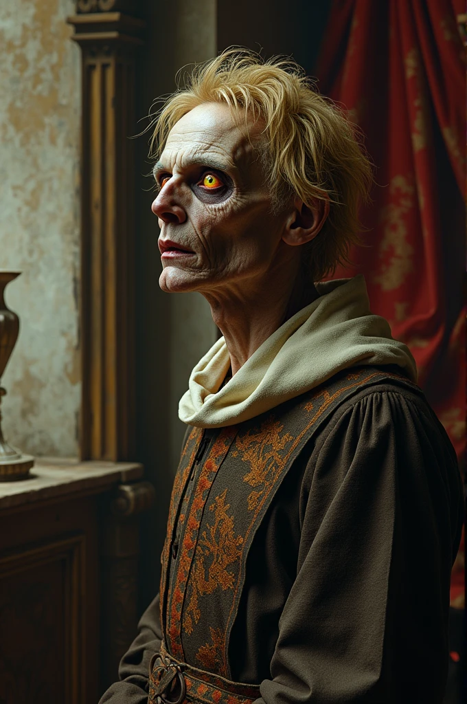 (best quality, masterpiece, highest detailed), (photorealistic:1.2), (detailed light:1.2), (Realistic skin texture:1.4), raw photo, horror, horror style photo, old ghost, ghostly creature, dark figure, bony, bony face, decrepit dead skin, pale skin, black robe, standing in the back of a dark room, darkness, gothic lighting, looking at the viewer, scary red eyes