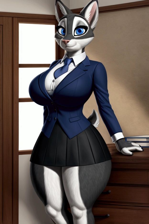 Slim female husky bitch with very big nice thighs and very big breasts and black and white fur and beautiful blue eyes and she is wearing a suit and tie and a mini skirt and full body glasses and she is a milf and she is a school teacher.