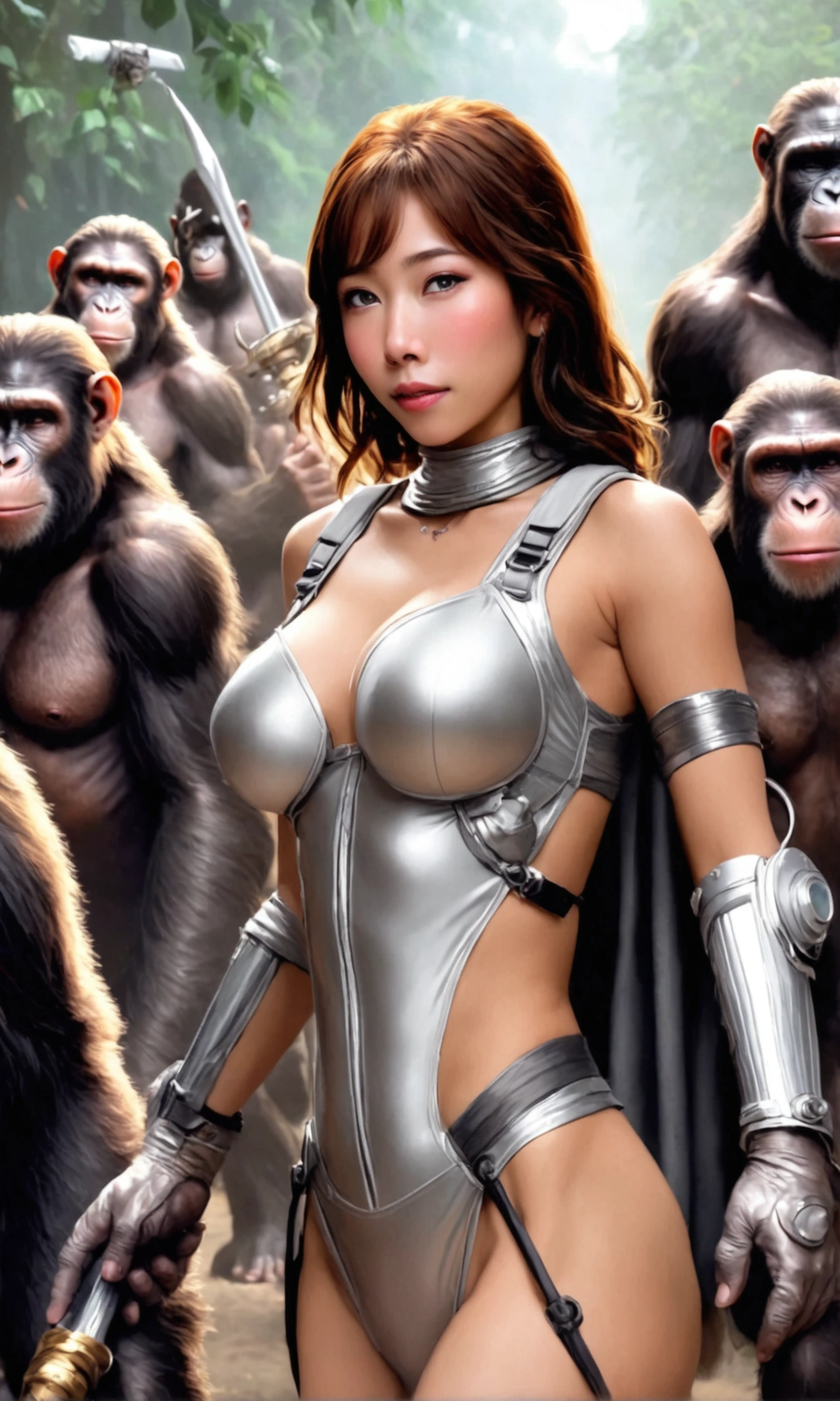 Planet of the Apes、naked monkey、sex slave、bikini made of poor fabric、Blow Pose、iron collar、Iron shackles、seiza、big breasts、perfect proportions、obedience、