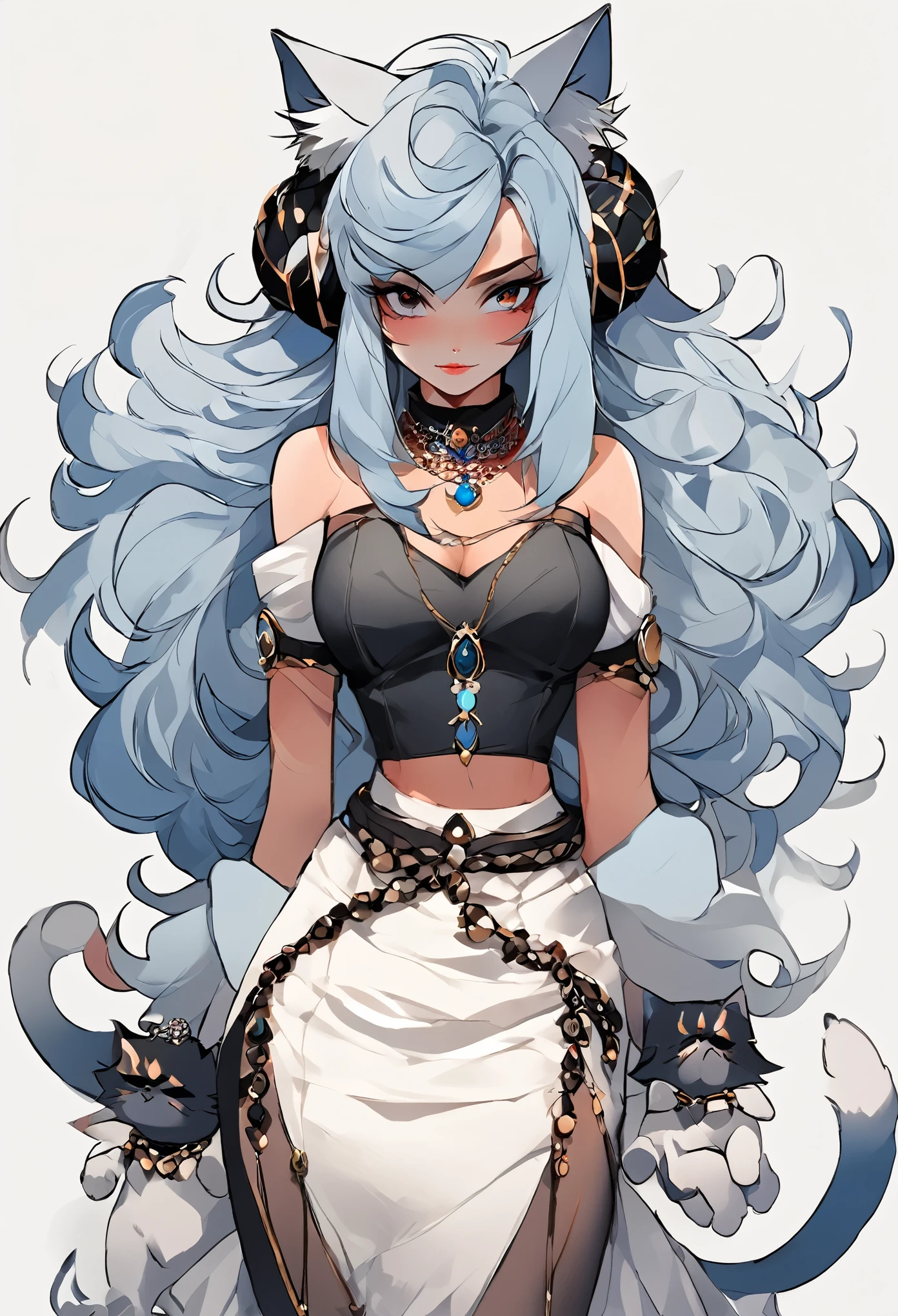 a woman, Alone, long hair, breasts,  looking at the viewer, skirt, gloves, original, belly button, animal ears, bare shoulders,  very long hair , jewelry, blue hair, standing, rabo, Braid, white hair, cat ears, sem dedos gloves, gray background, Braids duplas, bracelet, cat tail,  animal ear fluff,  multiple views , colorful skin, facial mark, commission, piercing,  monster girl , bridal gloves, cat girl,  pelvic curtain , blue skin, scales, Big hair, body painting, multicolored skin, black skin, marks on the body,  belly chain 