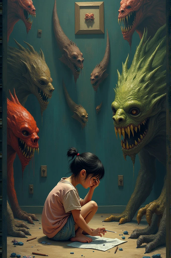 fix the repainted part, add blood marks on the child's clothing, blood dripping from the creature's mouth