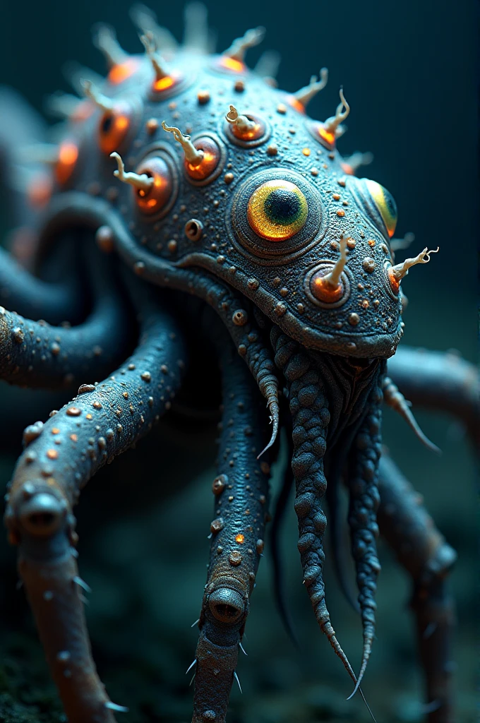 dynamic view, side view, hyper realistic photograph of a bizarre biomorphic alien creature with a long chin and a number of massive tentacles, clear glowing eyes, extremely dark glossy realistic alien skin, black and asphalt grey hue, by Petros Afshar and John Atkinson Grimshaw, (intricate , iconic , masterful:1.4), medium full shot, poster art, bold lines, hyper detailed, expressive, award winning, dark limited color palette, high contrast, depth of field, (intricate details, masterpiece, best quality:1.4),
spot lighting, looking at viewer, dynamic pose, wide angle view,
<lora:add-detail-xl:1> <lora:xl_more_art-full_v1:0.5> <lora:NicolaSamori:0.5> in the style of nicola samori <lora:looking_at_viewer:2>