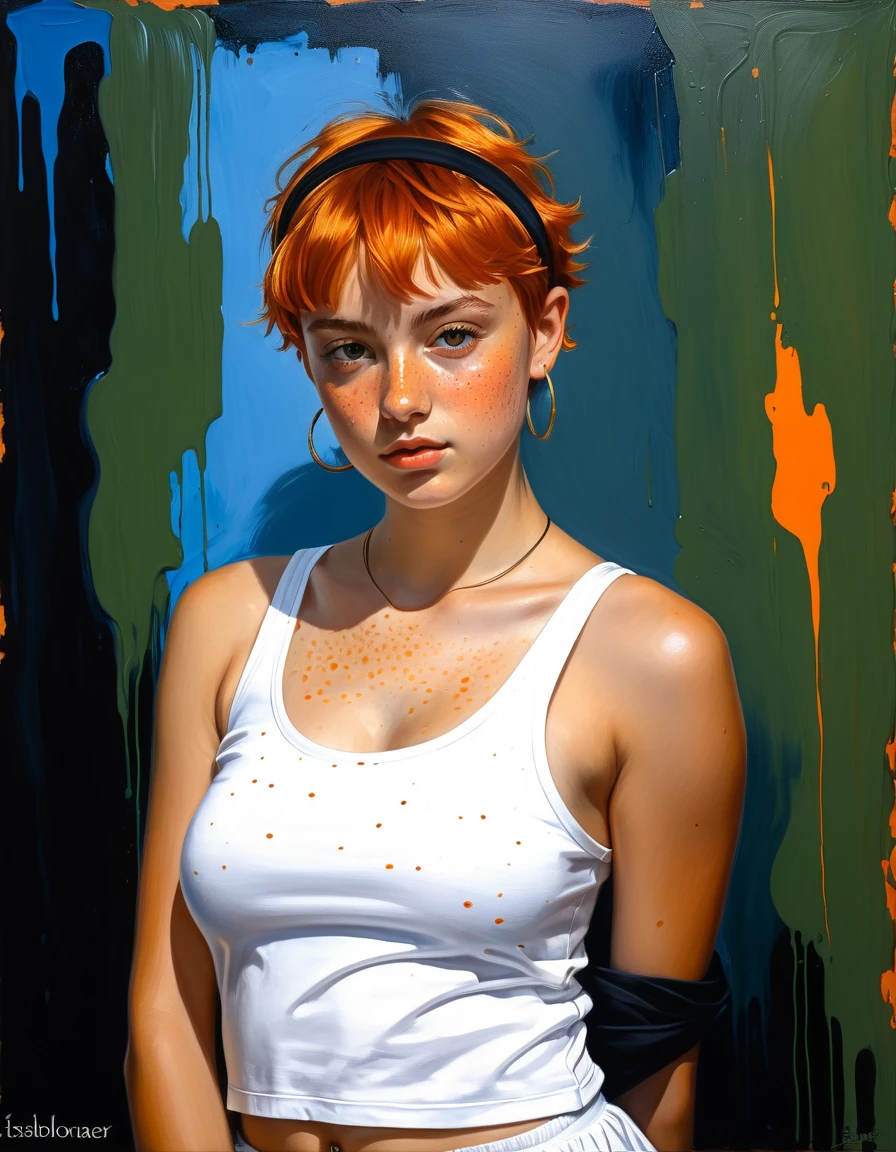((Low angle shot) young teen Brighton Sharbino ), (((down view))) (a glance at the low camera). (Hyperrealistic), Very short orange hair, green eyes, Freckles, Cute white Tank top, Mini Shorts, Sports, Sweaty, Medium Breasts, Aesthetics, ((oil painting)), (headband:0.75),(turquoise:0.2),(orange:0.2), (Jeremy Mann:0.5), (John Constable:0.1),(El Greco:0.5),(rough strokes of acrylic paint:0.75), 8K