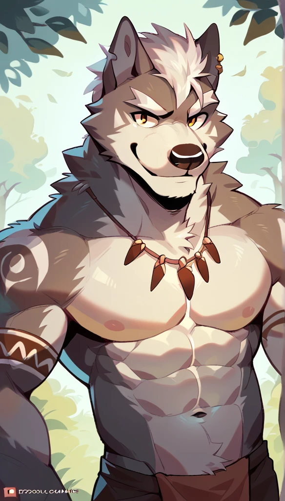 a wolf, furry,  in Mane ,  hairstyle using tribal accessories ,  piercing tribal , smile, smiling,  trees, tribal side , bottom,  abs on the body , youthful face,  half body shooting angle.