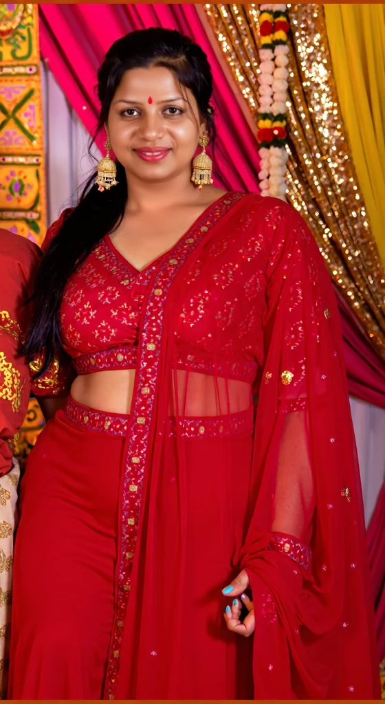 Create a mirror selfie of a sexy curvy woman wearing a traditional red Indian outfit with a white bandhani pattern. The outfit has a round neckline, long sleeves, and a high slit in the front. She is standing in front of an elevator with marble walls on the sides, and the mirror reflects her image. Her face is partially hidden by her phone as she takes the selfie. The image should include the staircase and marble flooring visible in the background, with the overall lighting being natural and warm.