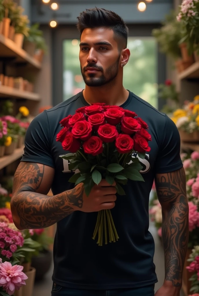 (absurdres, highres, ultra detailed), 1 male, solo, beautiful, handsome, tall muscular guy, smooth skin, sexy gaze, mature, verious red and pink roses around him, the man is standing comfortably in the roses, from directly above, gorgeous, wet, model pose, colorful, artistic, depth of field, focus on his calm facial features, elegant look, looking at the viewers romantically, shirtless, bare body, tattooed chest, full body tattoos,
