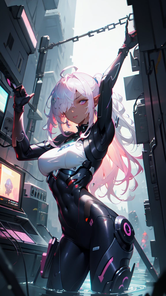 ((La mejor calidad)), ((obra maestra)), (muy detallado:1.3), ...............................................................................................................................................3D, Beautiful (cyberpunk:1.3) Mujer hacker, peinado corto,pelo corto, Volver al visor, cabello grueso, Terminal de ordenador operativo, Pantalla montada en la cabeza, computer server, Pantalla LCD, fiber optic cable, Logotipo de la empresa, HDR (High Dymanic Range), Trazado de rayos, NVIDIA RTX, Super resolution, Irreal 5, Subsoil Scatter, Textura PBR, Post-procesamiento, Anisotropic filtering, profundidad de campo, maximum sharpness and sharpness, Texturas multicapa, Albedo y Highlight Maps, Sombreado de superficies, Accurate simulation of light-material interactions, proporciones perfectas, Renderizado de octanaje, duotone lighting, ISO bajo, balance de blancos, Regla de los tercios, amplia apertura, 8K RAW, efficient sub-pixels, sub-pixel convolution, glow particles, dynamic pose