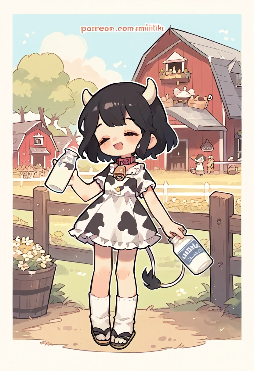 1girl, white cow horns, short black hair, closed eyes, wearing a collar with a gold bell on it, smiling, short dress, cow print dress, short sleeves, holding a bottle of milk, frilly white socks, black flip flops, farm background