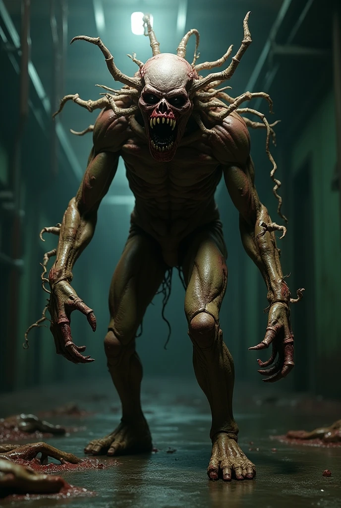 Horror-themed <lora:FleshmutantXLV4:0.6>,fleshmutant walking in a shopping mall,<lora:CBarkerAIXL:0.6>,horror (theme) cbarkerai,<lora:xl_more_art-full_v1:1>, . Eerie, unsettling, dark, spooky, suspenseful, grim, highly detailed