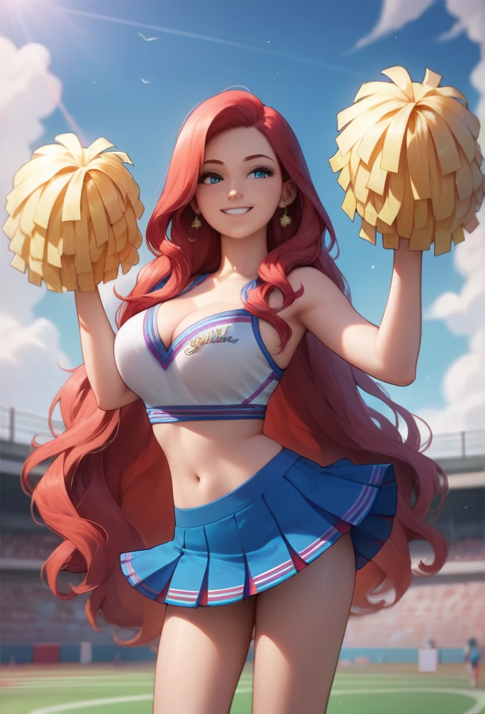  masterpiece , The best quality , Highly detailed, 1 girl, big breasts cheerleader with pom poms, sports scene, long hair, Blue eyes, long hair, very long hair, red hair, big breasts, smile, ruby,