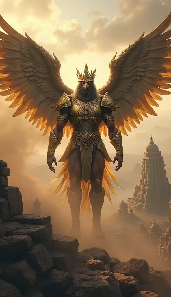 Garuda bird, human male, bird head The head is probably a bird. Has a bird's head, red feathers, red eye details, muscular body, best anatomy, red skin, red feathers on the body. Big red wings spread out. perfect wingspan Wear jewelry made from gold with Thai Kanok designs. Gold jewelry adorned with diamonds sits on the head of a red bird. Bright red pants, Thai silk with gold waistband. Beautiful red fabric, ancient Thai fabric. perfect hand perfect legs, feet standing on the grass The background is the sky, clouds, fog. Looking straight, standing full body, maximum red body detail. Maximum red feather details Maximum eye detail Maximum anatomical detail Details, cloth, accessories, Thai warrior armor, ultimate weapon Masterpiece quality The most realistic picture Maximum realism and detail The best light The best quality of light and shade Studio Movie Photos, Best Close-Up Views The backdrop of the Thai temple castle is made of gold, onyx, emerald, diamond, the most perfect fantasy. Feeling natural and realistic