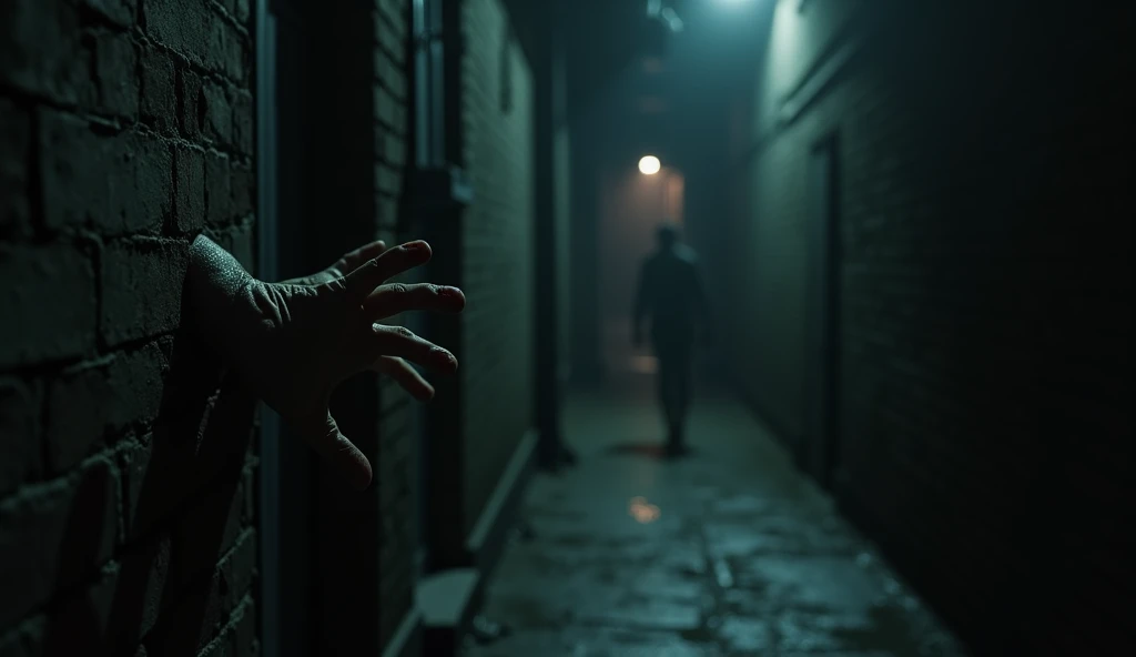 Abandoned hospital, man with a knife in his hand finds a zombie in front of him as he leaves the supply room