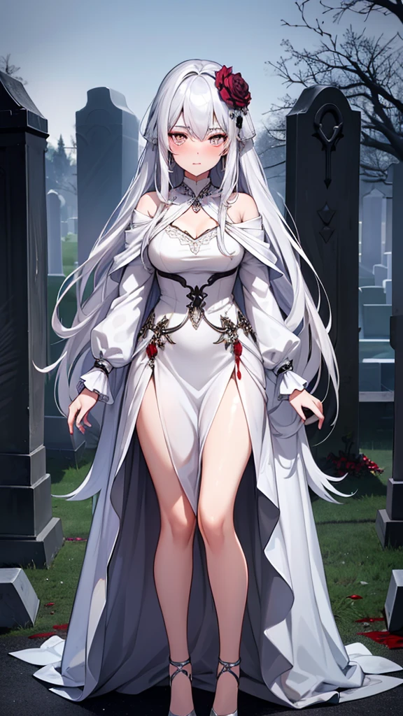 Masterpiece, 1girl,solo,huge breasts, ghost costume , (hitodama) ,night, tombstone, graveyard, long sleeves, very long sleeves, , ghost, pale skin,, off shoulder, cleavage, no bra, (((extremely long white hair))), lying on ground by tombstone, bare legs, shredded tattered clothes, curvy wide hips, massive breasts, chubby thighs, (((beautiful bright pink anime eyes))), japanese graveyard, from above, full lips, beautiful mature face, MILF