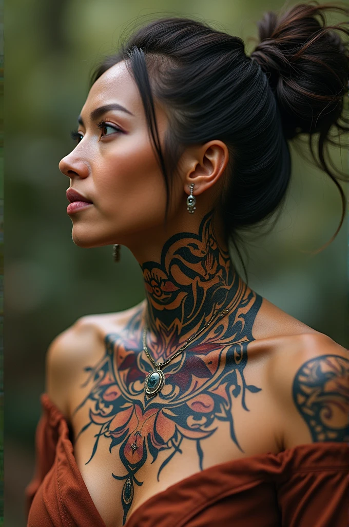 A Maori woman, around 35 years old, with a commanding presence, stands solo in front of the camera with her right arm extended, showcasing a captivating and intricately designed Maori tattoo on her front arm. The tattoo is rich in symbolism, a cultural representation of her heritage, radiating a deep sense of pride and strength. Her skin is realistic, with a sunkissed glow accentuating the tattoo's bold lines, and her arm's muscles subtly defined beneath. In the background, a blurry peaceful scene sets the stage for this powerful and authentic portrait. The photographer's focus is sharp, capturing every detail of the tattoo and the woman's capt