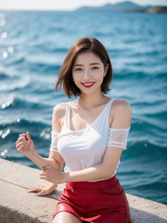 close-up of beautiful korean female, 36 inch breasts size, medium hair, smile, wearing blue tank top, sweat, sitting in the boat, bokeh background, UHD