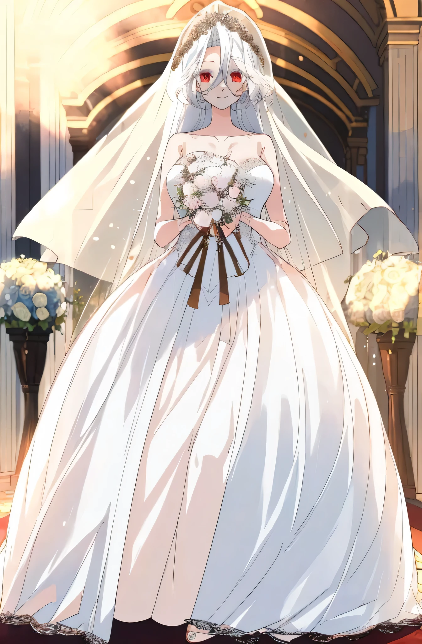 masterpiece, (best quality), 1girl , white hair, Raviel, red eyes, full body, detailed eyes, detailed hands, perfect hands, perfect eyes, wedding dress, veil, bouquet, smile