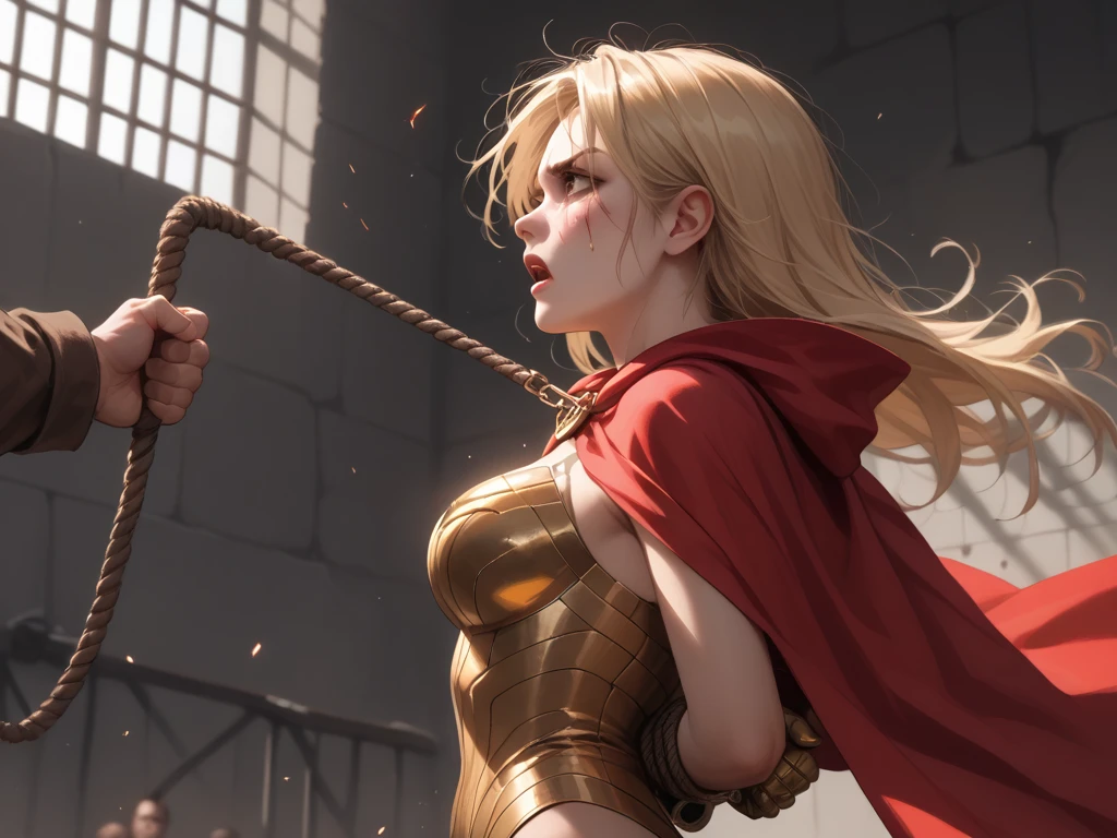 from side, upper body shot, dramatic angle, superheroine, blonde long hair, all gold metallic leotard, gold gloves, gold boots, red cape, she battles to evil psychics, she lost the battle, captured by enemies, ((rough rope wrapped around chest tighten up)), ((arms behind back)), ((being tortured hardly to mob lynching and bangbang by evil psychics)), whip hits her back mercilessly, punched, kicked, beaten up, ((thrown away)), (punched away)),  ((kicked away)), groaning and enduring the pain, helpless, humiliating, regretfully, her body is injured from whipping, her clothes is torn, in jail of the secret underground base,