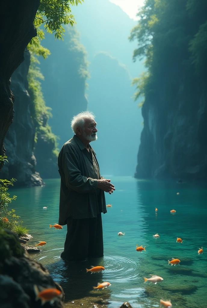 A photorealistic image of a wise old man sitting on a stone near the bank of a river. The old man sees a floating human dead body, passing in the river. Human dead body floating belly down, head underwater.

Half-submerged lens reveals his ultra-slim deformed by water figure in a grey loose dress.