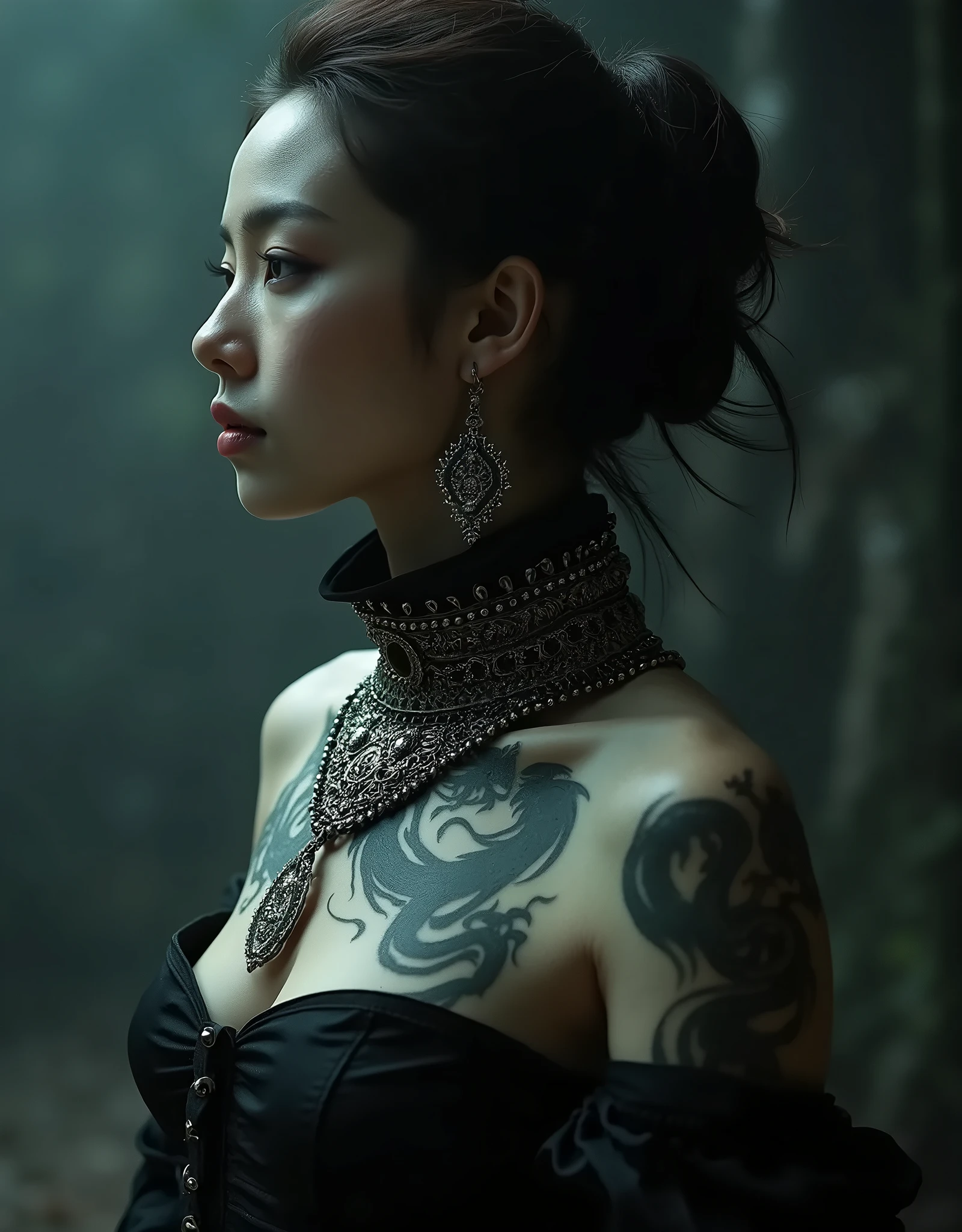 A beautiful Chinese woman with a dragon tattoo on her arm and a dragon behind her head. She is wearing a dress with a deep V-neck and has a serious expression on her face.. The background shows mountains and clouds.la imagen es blanco y negro solo los ojos son de color rojo.