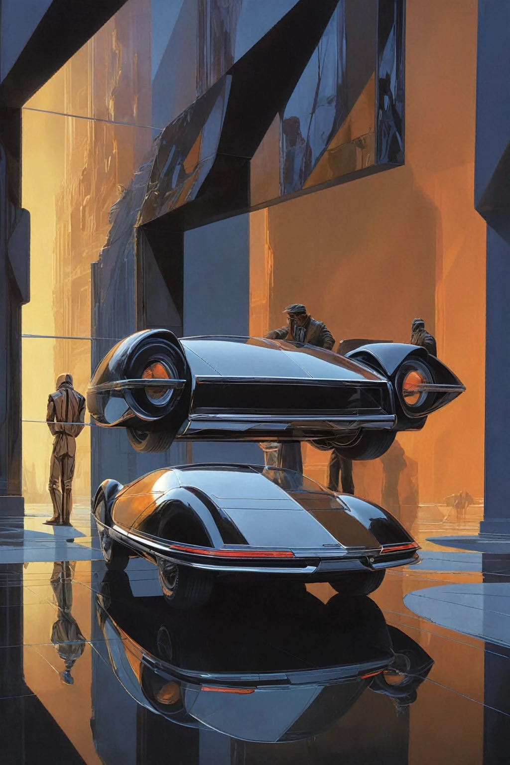 syme, people, retrofuturistic car, large structure, reflection, professional photograph of a new movie still  by  Syd Mead and Chase Stone and henri cartier-bresson , bold lines, hyper detailed, dark limited palette, dramatic lighting,  (intricate details, masterpiece, best quality:1.4),
