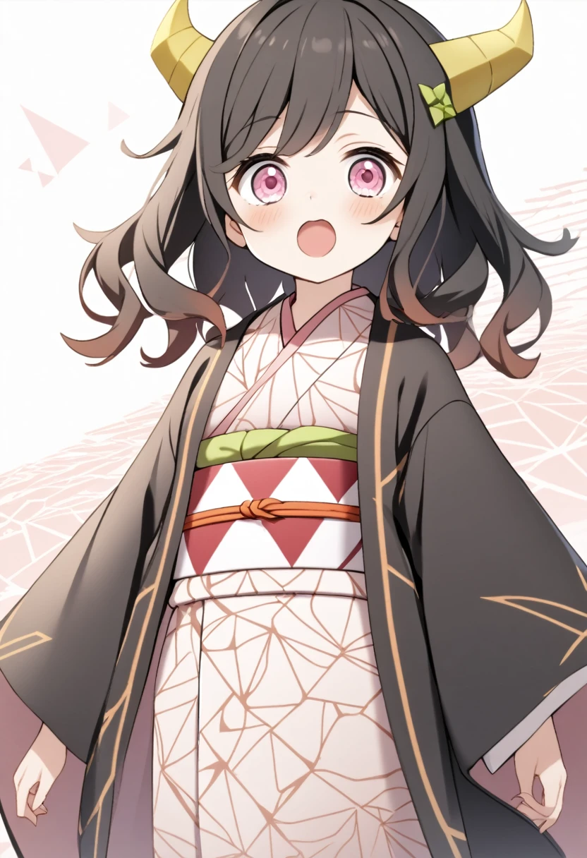 1girl, Nezeko Kamado, long, wavy, black hair that reaches just below waist, crimped into large, straight ridges, pink eyes, A short white horn on the right side of head, Sakura colored kimono with a geometric triangle design, secured by a checker patterned red and white obi embraced by an orange thread looped above waist, black flip flops, open mouth