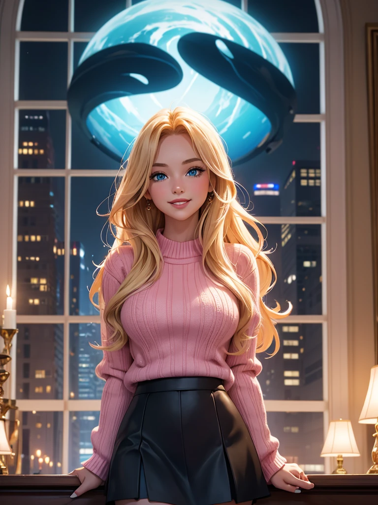 (realistic, painting style), mature, woman, casual clothes, red shirt, pants, long hair, blonde hair, blue eyes, voluptuous, tonned body, masterpiece, best quality, portrait, sharp eyes, realistic eyes, head tilt, looking at viewer, city at night,