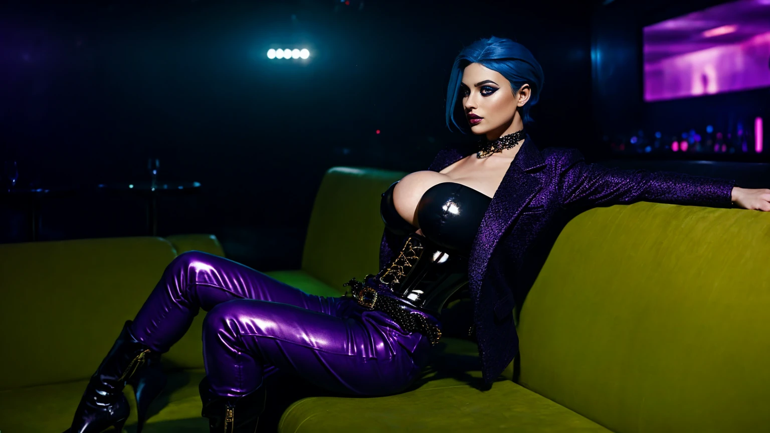 jinx, blue hair, blue leahter corset, black jacket, big breast, purpble tight leahter Trousers, purple belt, black long high heels boots,sitting in a Nightclub