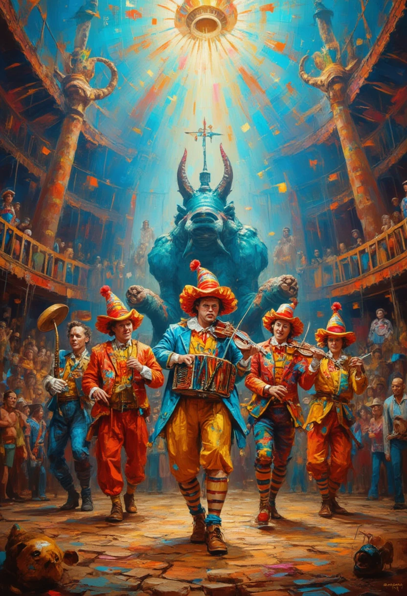 Five beautiful costumed photo models with scoop-off circus clown costumes including red-nosed, they play cymbals, accordion violin, drum and trumpet in the middle of the circus arena between tigers elephants giraffes elephants and monkeys 