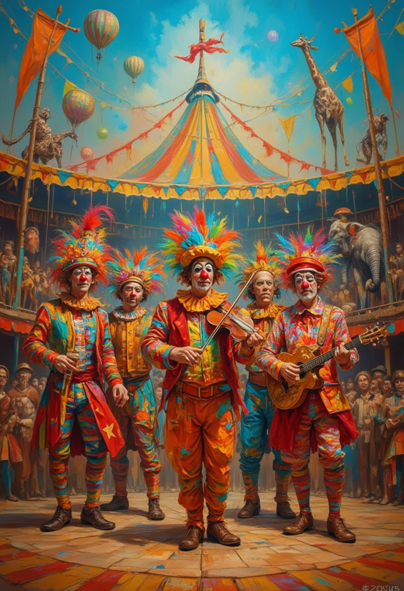 Five beautiful costumed photo models with scoop-off circus clown costumes including red-nosed, they play cymbals, accordion violin, drum and trumpet in the middle of the circus arena between tigers elephants giraffes elephants and monkeys 