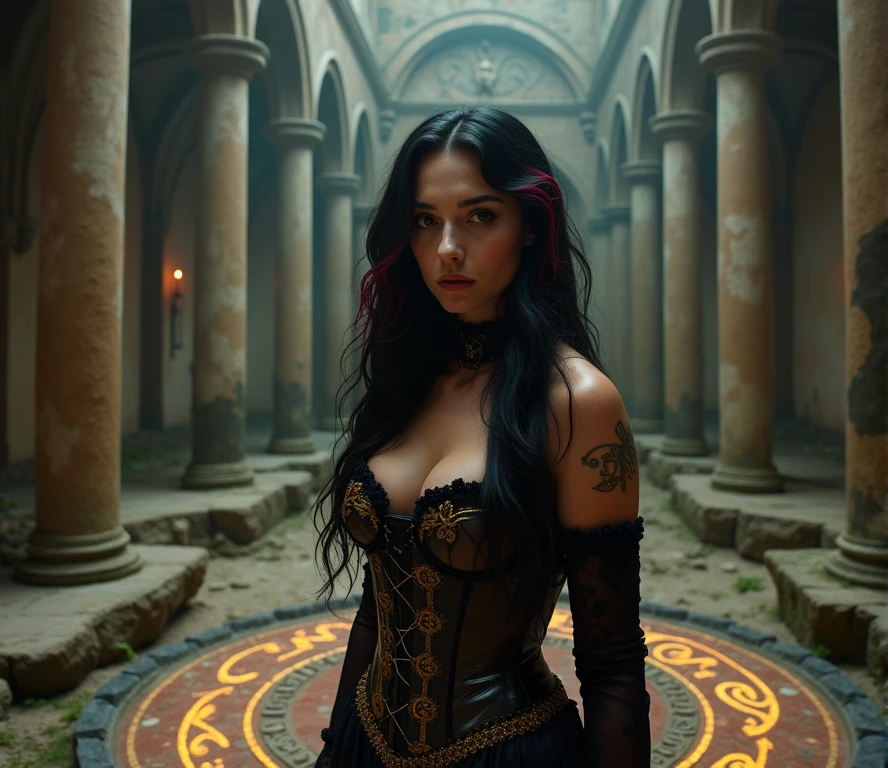 A stunning closeup portrait of Maleficent as a teenaged girl fondling her breasts, she is fertile and wants to breed, location is dungeon interior, purple and green light, breasts, powerful, pale eyes