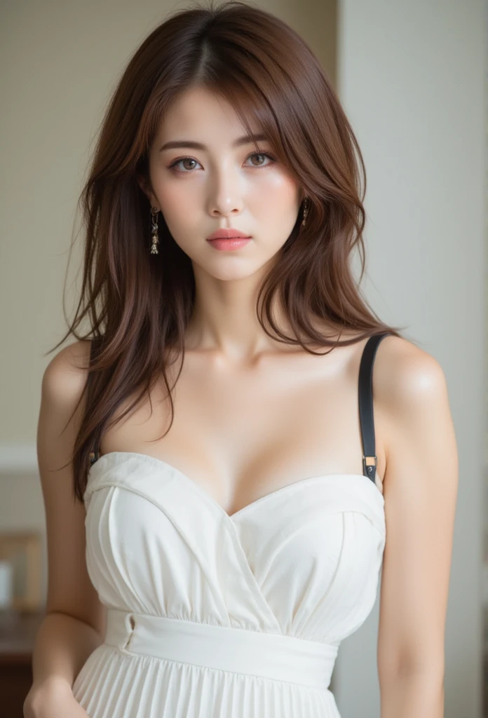 one beautiful lovely women, ((she is grinning:1.4)),Skinny Japanese young woman,)),Sexy, Detailed face, beautiful eyes, bangs, medium breasts, very thin waist, Light Brown wavy Hair, Faint lips, ((standing at front, Staring at the viewer,)), white summer dress, pleated skirt, light brown, long wavy hair, stylish, cozy, casual fashion, (full-body photo), arm up and gently posed.