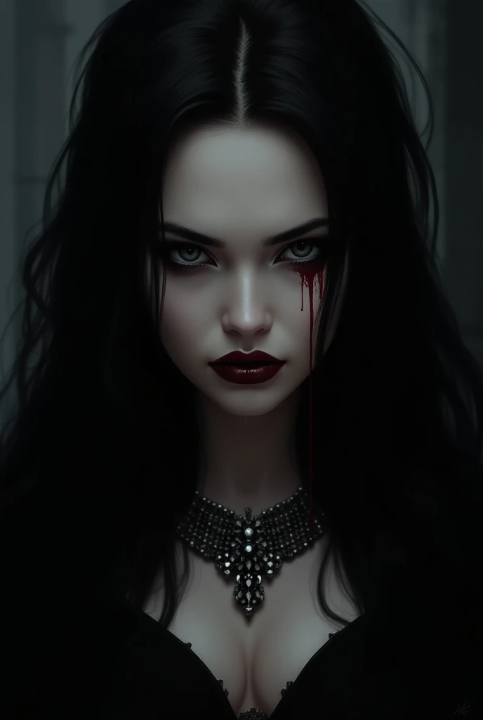 a closeup of a woman with a dark makeup and a red lip, wearing gothic makeup, demoness, piercing dark eyes, with black scleral eyes, gothic face, with haunted eyes and dark hair, pirtcing on the lips, nose piercing, dark vampire, gothic horror vibes, inspired by Bálint Kiss, vampire girl, goth girl face, gothic makeup, female vampire