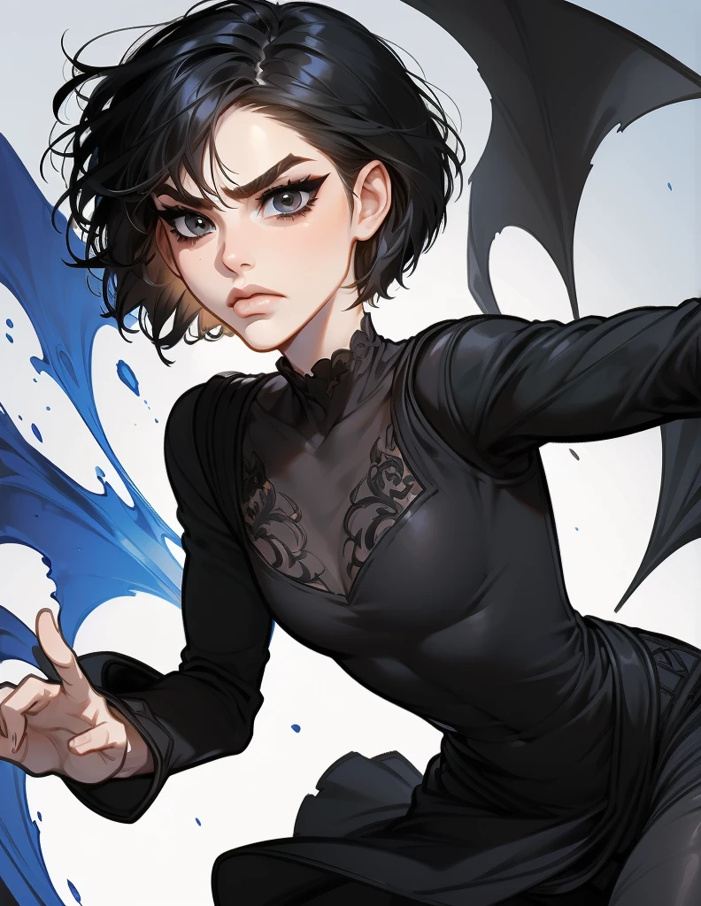 (Masterpiece:1.2), ultradetailed face, portrait, detailed shading, skinny, (dynamic pose:1.4), young woman, angry eyes, fit clothing, black clothing, ((short straight hair)), ((round haircut)), ((fringe)), black hair, angry face, pale skin, (fight pose)