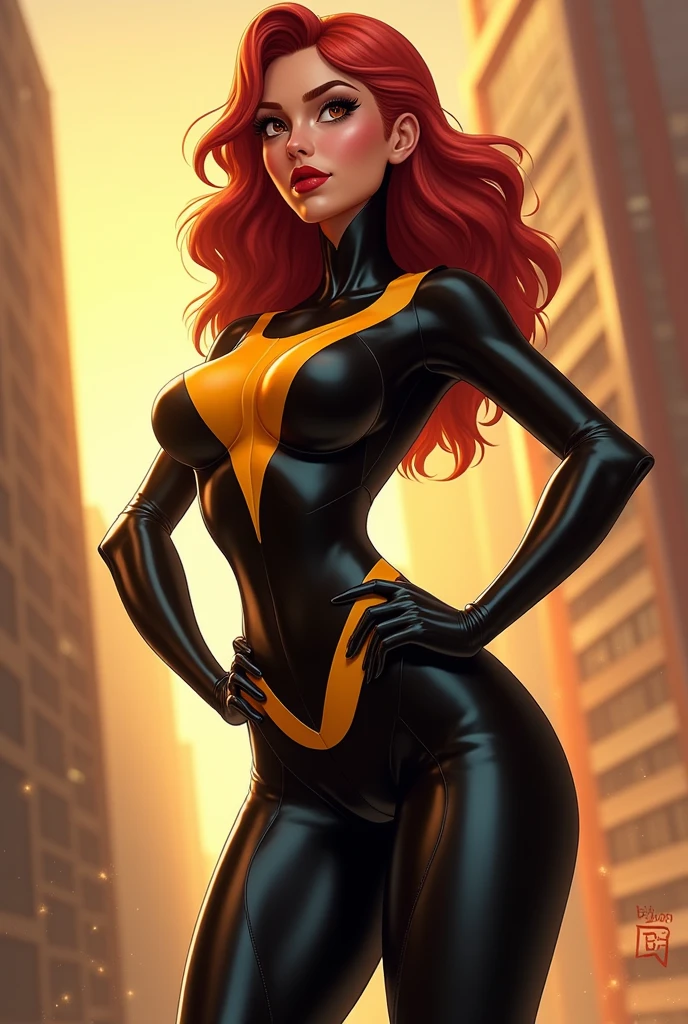 Spider-Woman, a bold and agile heroine around 30 years old, flaunts her curvaceous figure with ample bosom. Her jet-black costume perfectly complements her long, curly red hair that cascades down her broad shoulders. Her piercing green eyes are focused and determined, as she stands before a mirror, adjusting her iconic web-shooters on her wrists.