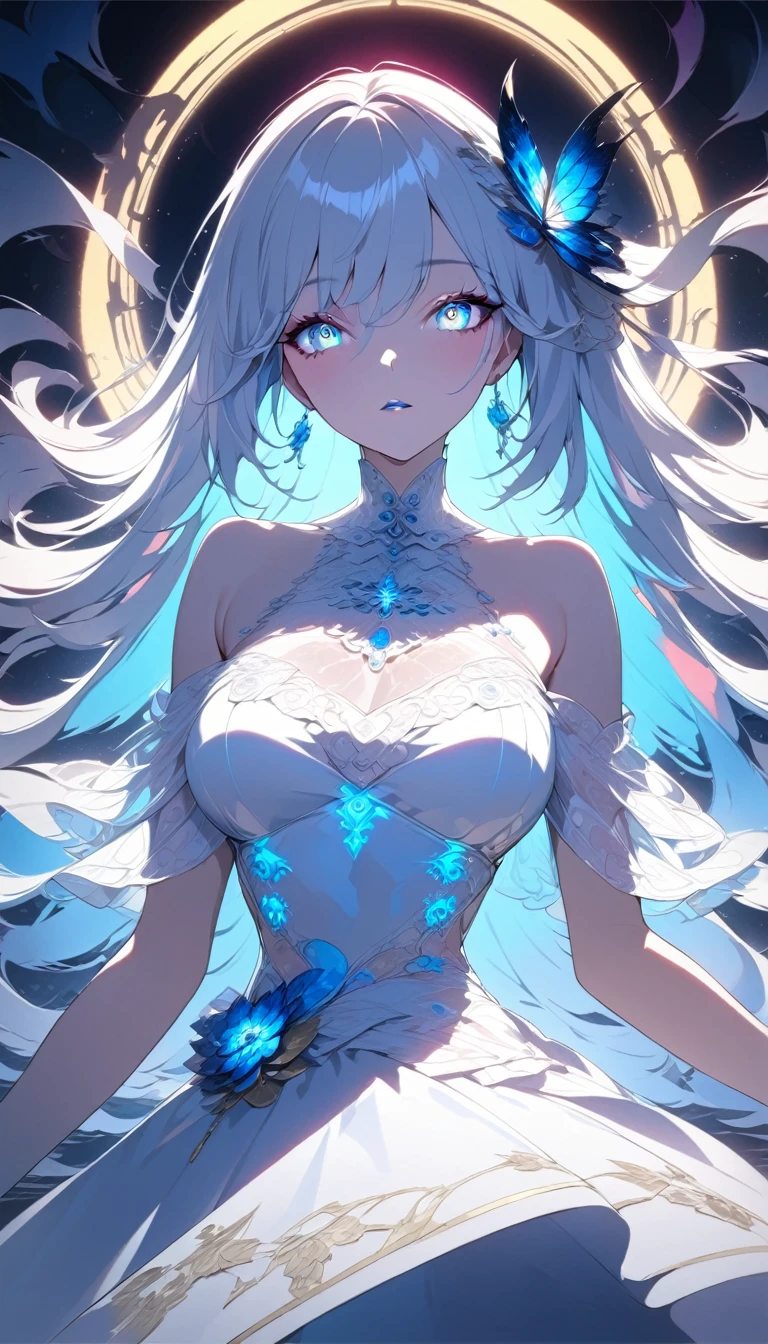 masterpiece, 1fairy, large breasts, a flying female fairy, perfect face, light, glass tree forest, dramatic lighing, ultra detailed, floating glow lights, depth of field, detailed iris, sparkle eyes, star in eyes, enchanting purple eyes, (multicolored eyes), (heterochromia), (shining dust), nude, completely nude