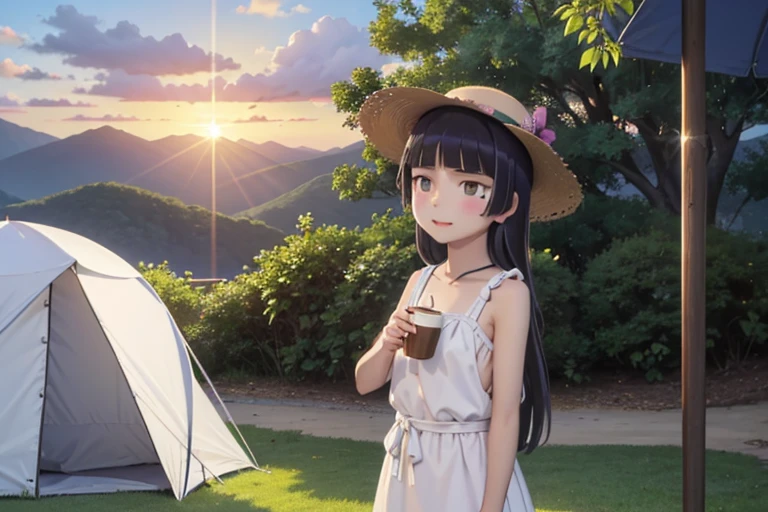 ((ruri gokou)), long hair, blush, black hair, 1girl, pants, mole, mole under eye, (Straw hat), Awning hat, (sundress), dress, (white dress), Outdoor, camp, Beautiful Mountain々, background, The set up tent, clear々A beautiful morning, Light shines in, In front of the tent, coffee, Have fun, landscape, nature, quiet, picnic, Relaxation, refreshing, early morning, Calm, scenery, relax, fresh, Morning, Sunrise, hiking, Adventure, blue sky, fresh air, Journey, Majestic, Lush