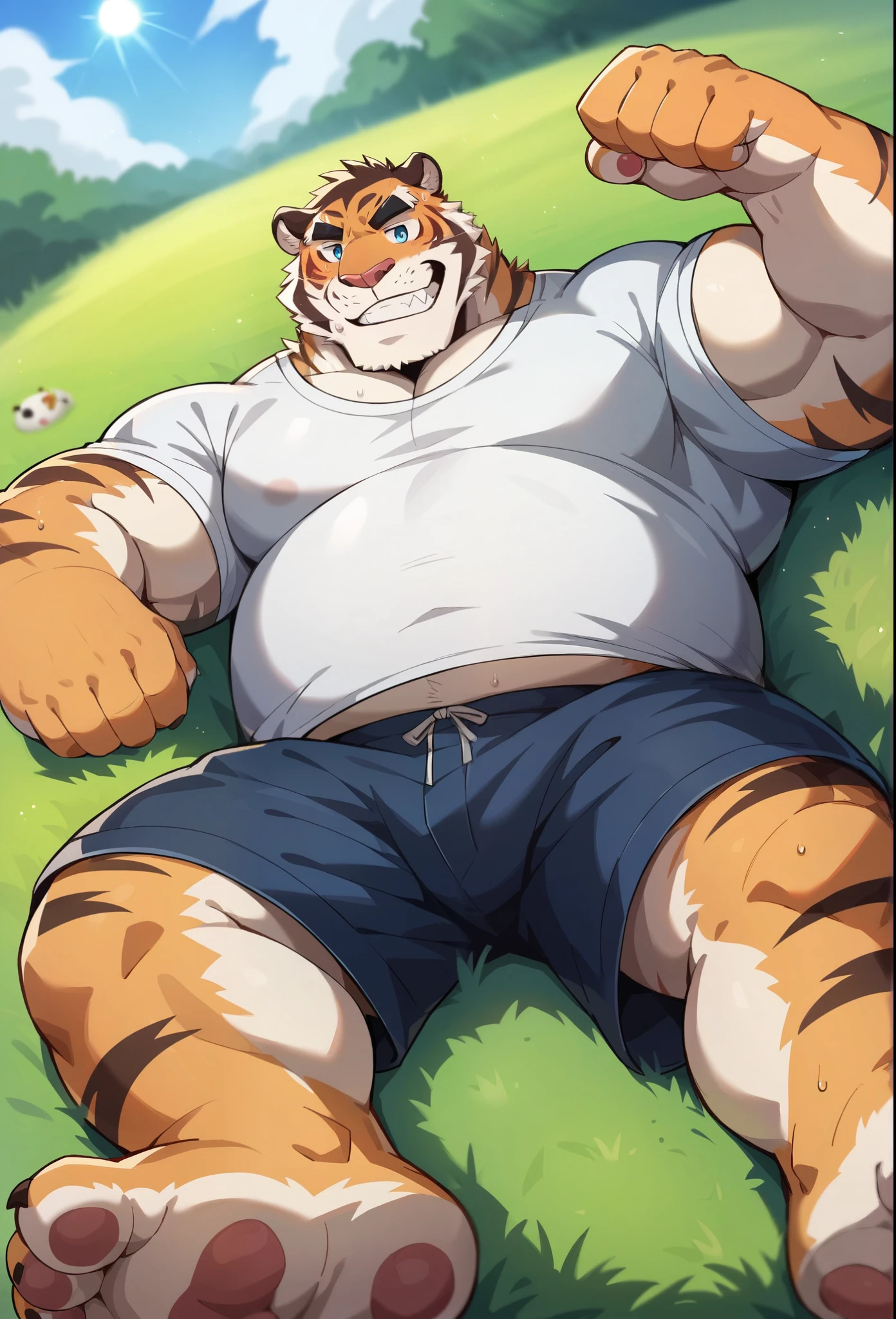 NJ5furry,tiger,solitary,Beast field,chubby, Thick arms,Strong muscles,shorts,Plush,Chubby face,Black eyebrows,Sky blue eyes,beard,smirk:1.1,lying on the grass,on stomach, (from below:1.1),Lie down,(shirt,shorts),Sunlight,(sweat),by zixiong, Takemoto Arashi