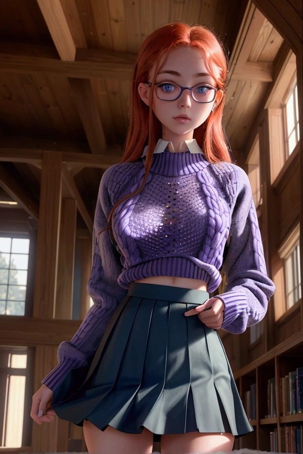  An extremely detailed and perfect 8k image . Photography by (Annie Leibovitz) of a teenager , green eyes, redhead,  (  perfectly detailed face  ), ((nerd)), (( perfect body)), has big ,   narrow waist and nice hips   . She is wearing a ((school skirt, purple)) and a ((wool sweater, blue)).    She's standing in the middle of a quiet old library , all made of wood  ,   She is very pretty and sexy  ., She has a glare,  lifts her skirt, and shows her panties, wet panties.