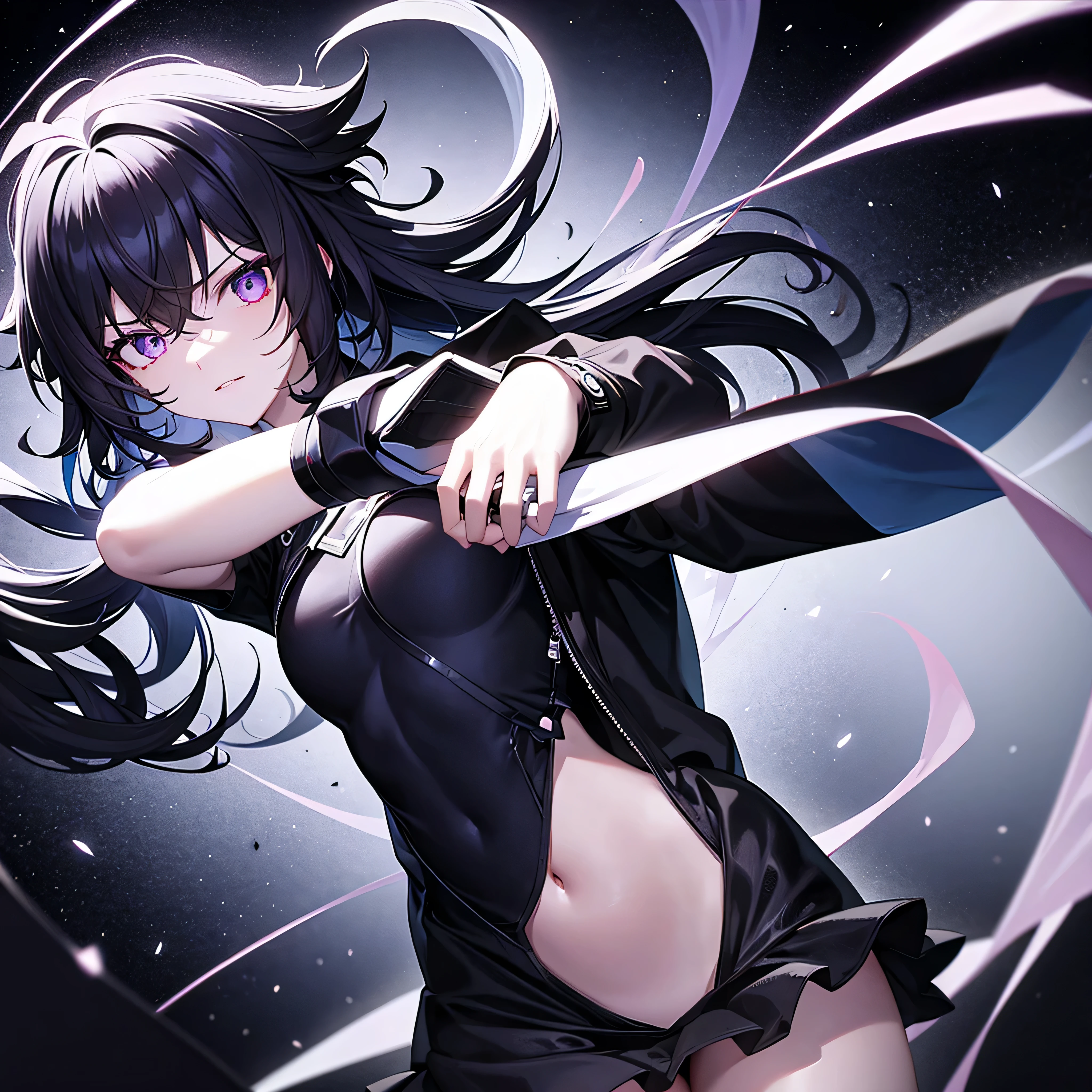 Generate an image with dark aesthetics in space with dynamic elements and an anime girl in elude clothing 