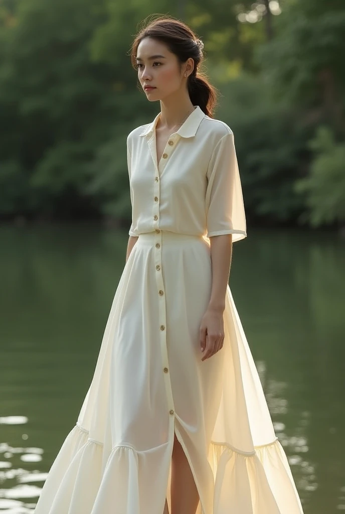 "White beautiful girl, posing gracefully in a serene environment."