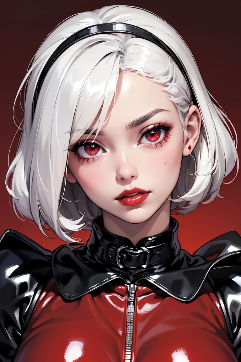 (best lighting) (best quality, masterpiece:1.2), (absurdres), portrait, alluring, ethereal, flirtatious, woman, ((very short, messy, cropped, boyish, white hair), ((red eyes)), (detailed eyes), ((glossy, shiny, red lipstick)), full lips, ((black latex maid outfit)), ((thick, silver collar)), high fashion, (slim),( small breasts), wide hips, bold red background, abstract background, soft lighting, hazy, cinematic