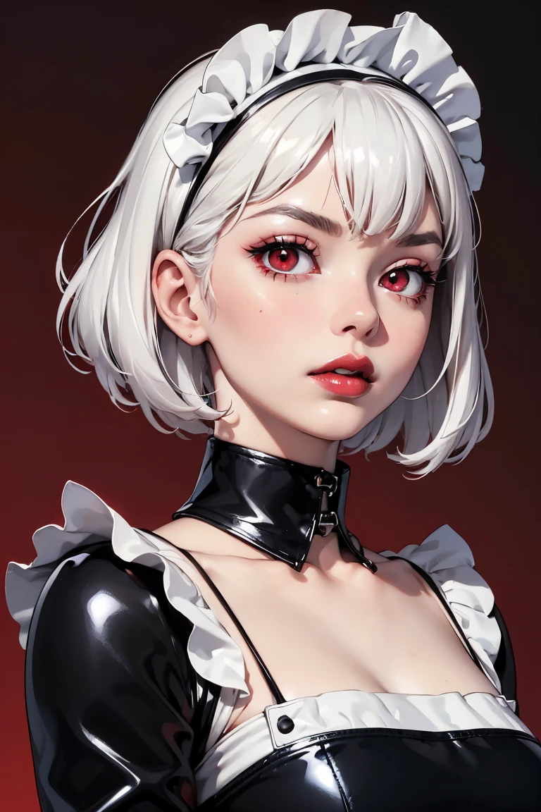 (best lighting) (best quality, masterpiece:1.2), (absurdres), portrait, alluring, ethereal, flirtatious, woman, ((very short, messy, cropped, boyish, white hair), ((red eyes)), (detailed eyes), ((glossy, shiny, red lipstick)), full lips, ((black latex maid outfit)), ((thick, silver collar)), high fashion, (slim),( small breasts), wide hips, bold red background, abstract background, soft lighting, hazy, cinematic