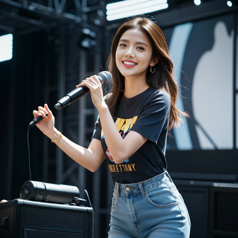 Hip-pop singer 、 sings with a microphone、woman、 1 girl, Long Hair,  Kampala, chest,  looks, smile,  blue eyes , Brown Hair,  accessories, stage、 blurred background , rough costume 、jeans、 print t-shirt、