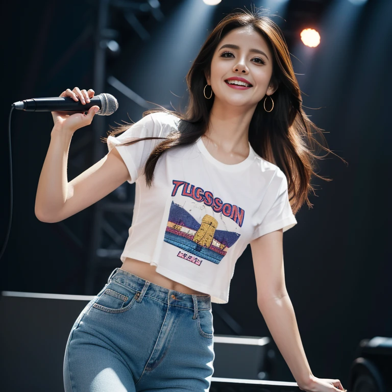 Hip-pop singer 、 sings with a microphone、woman、 1 girl, Long Hair,  Kampala, chest,  looks, smile,  blue eyes , Brown Hair,  accessories, stage、 blurred background , rough costume 、jeans、 print t-shirt、