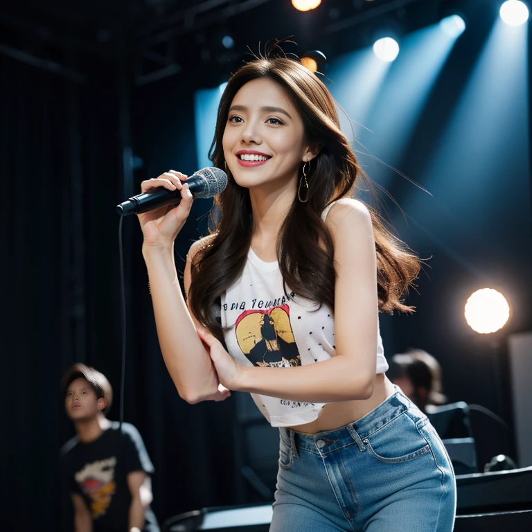 Hip-pop singer 、 sings with a microphone、woman、 1 girl, Long Hair,  Kampala, chest,  looks, smile,  blue eyes , Brown Hair,  accessories, stage、 blurred background , rough costume 、jeans、 print t-shirt、