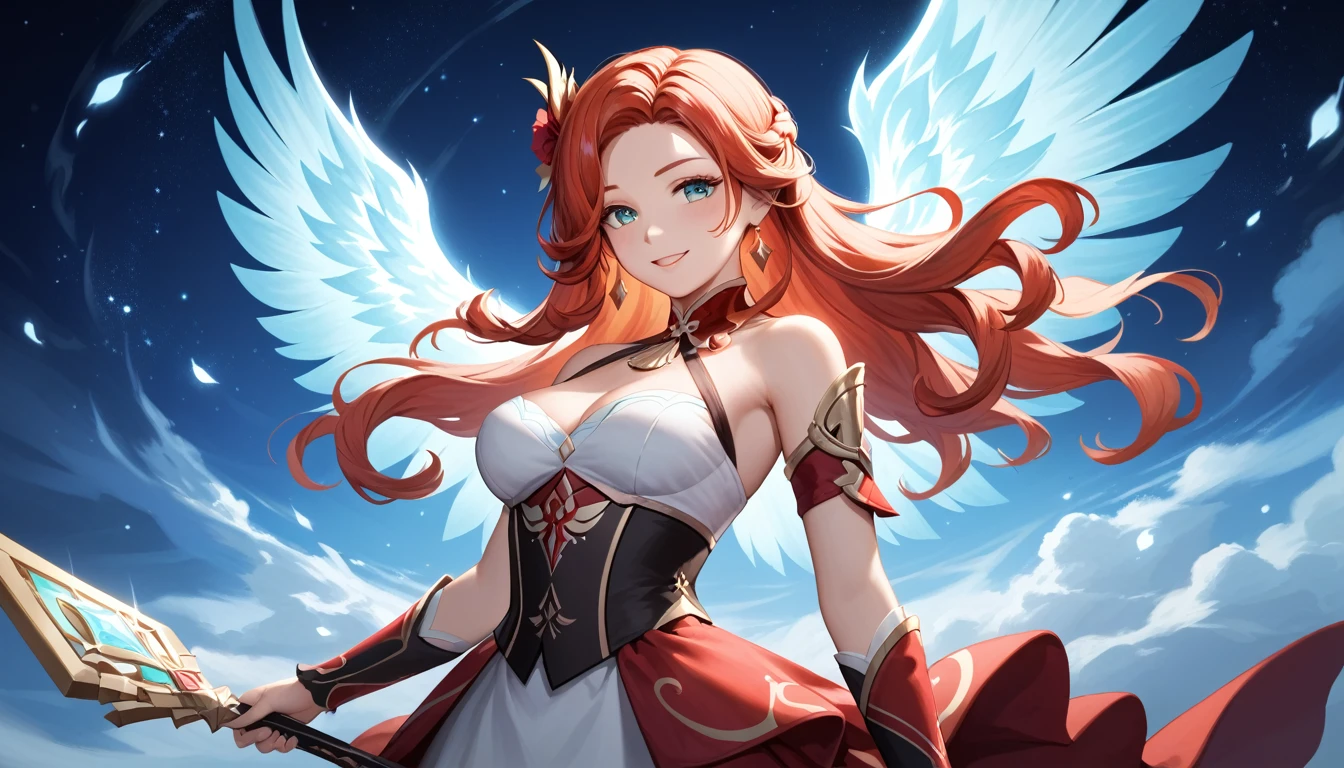 1 girl, single girl, cute, long red hair, light blue eyes, serious face, big breasts, big hips, demihuman, human phoenix, big fire-colored phoenix wings, 2 meter wings, red silk dress, cut dress in V, sexy red dress the gala party hall