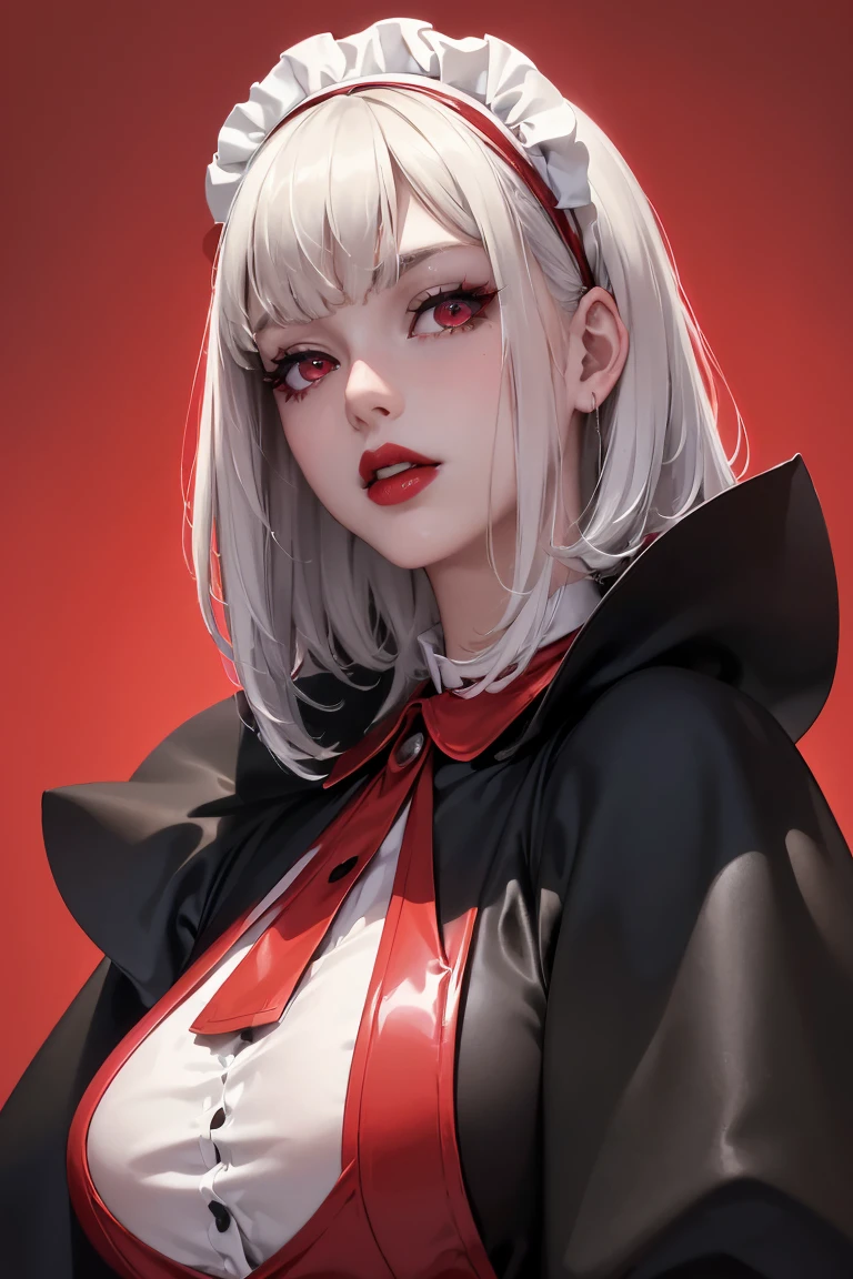 (best lighting) (best quality, masterpiece:1.2), (absurdres), portrait, alluring, ethereal, flirtatious, woman, ((very short, messy, cropped, boyish, white hair), ((red eyes)), (detailed eyes), ((glossy, shiny, red lipstick)), full lips, ((black latex maid outfit)), ((thick, silver collar)), high fashion, (slim),( small breasts), wide hips, bold red background, abstract background, soft lighting, hazy, cinematic